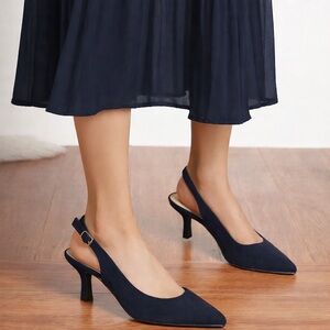 Dream Pairs-Women’s Elegant Navy Suede Slingback Kitten Heel Pumps